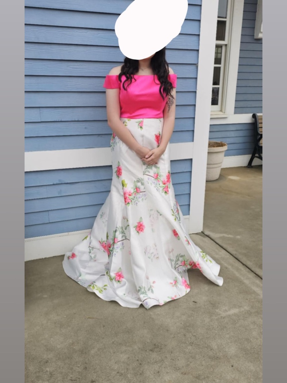 Hot Pink Off-Shoulder Top with White Floral Maxi Skirt